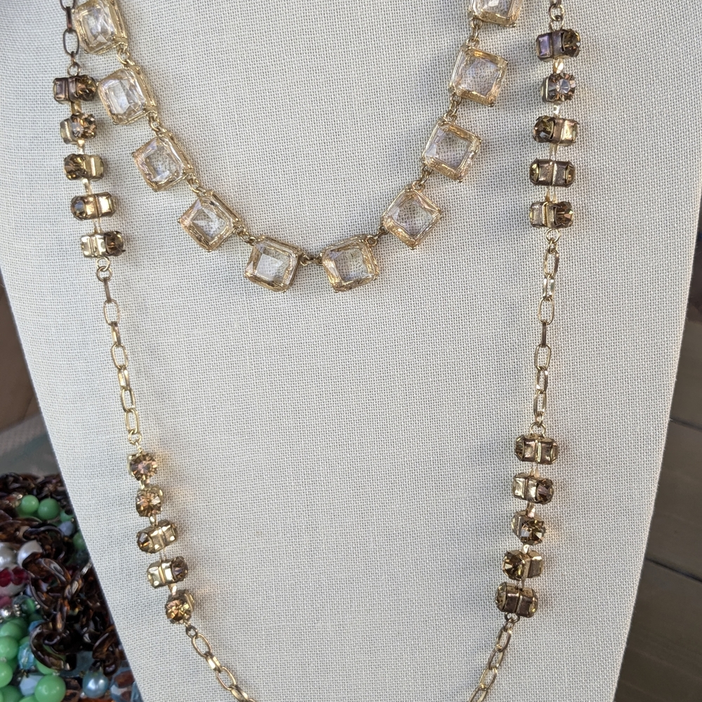 2 Vintage Gold Tone Layered Necklaces Champagne Glass Crystal Square Link Set - Picture 4 of 12